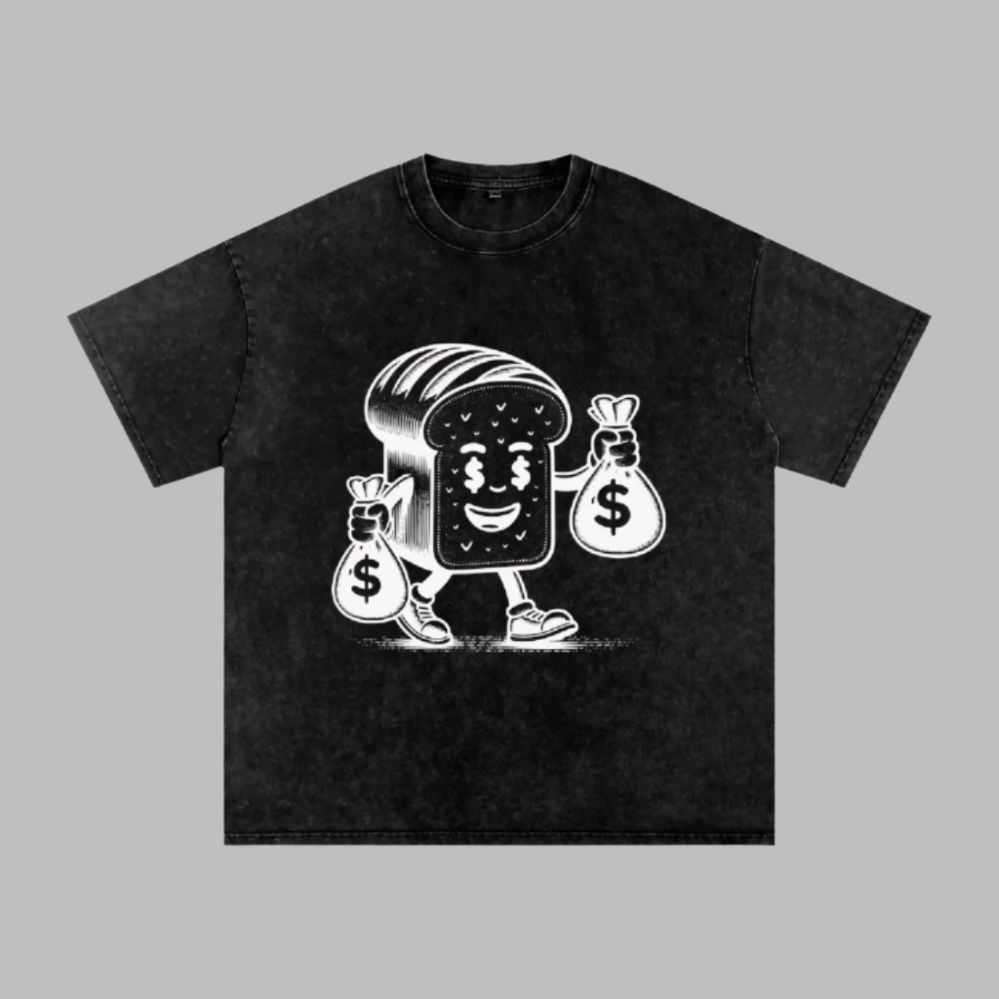 Black t-shirt with a graphic design of a character holding money bags on a white background