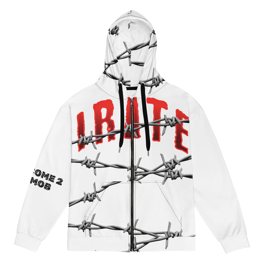 Unisex White "IRATE" zip hoodie